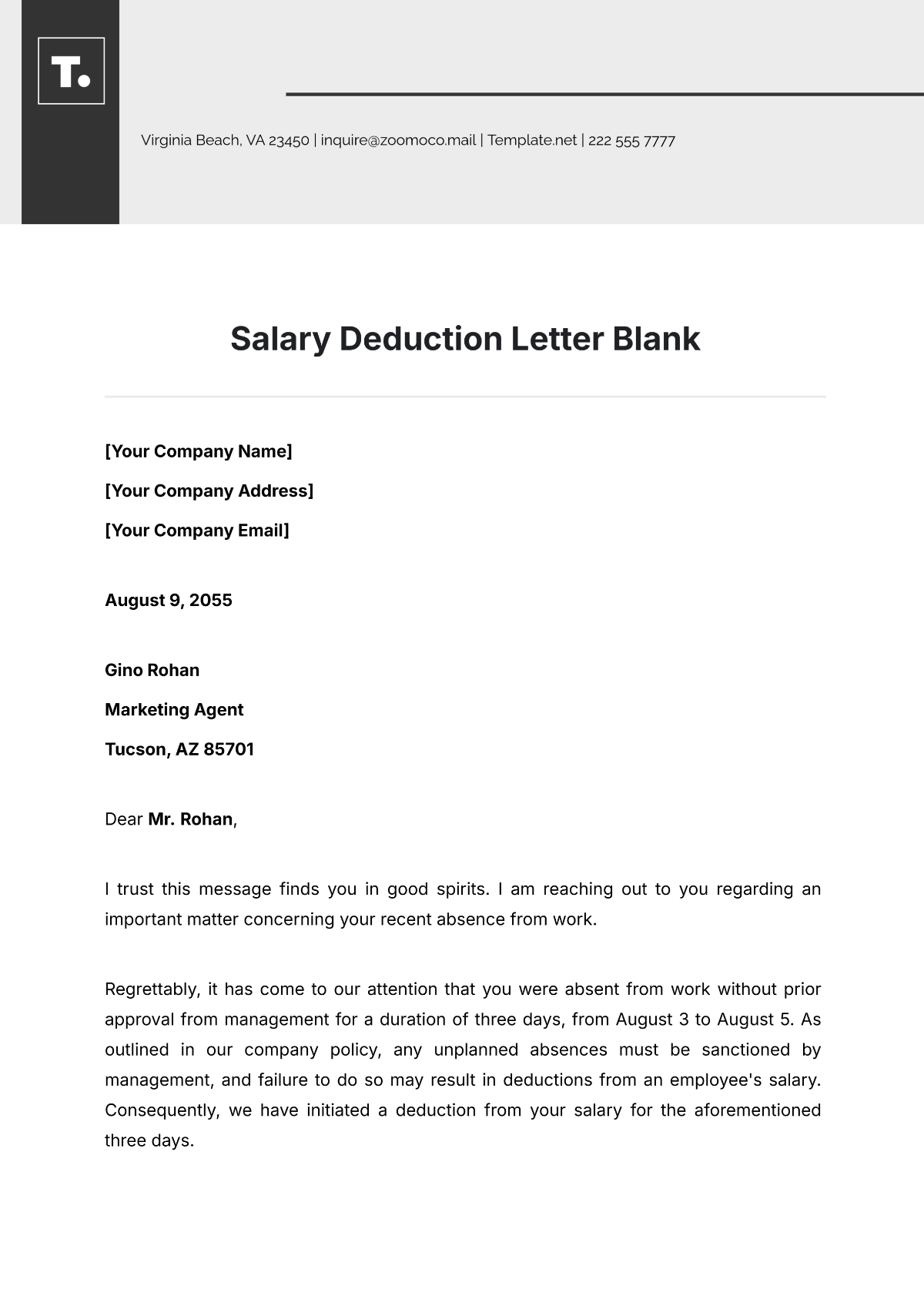 Salary Deduction Letter Blank Template - Edit Online & Download