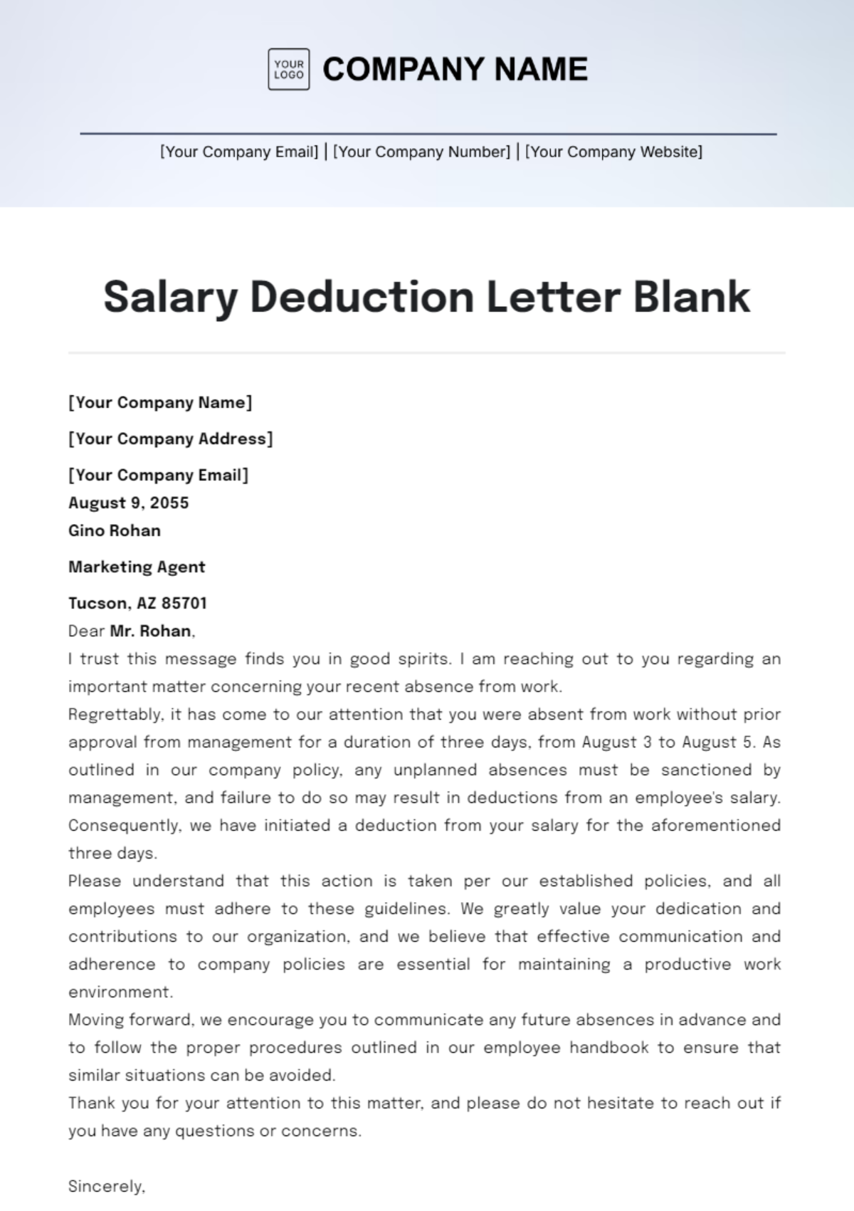 Salary Deduction Letter Blank Template - Edit Online & Download