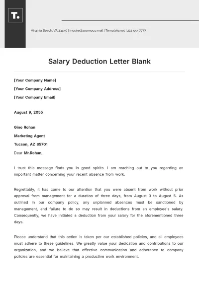 Free Salary Deduction Letter Blank Template to Edit Online