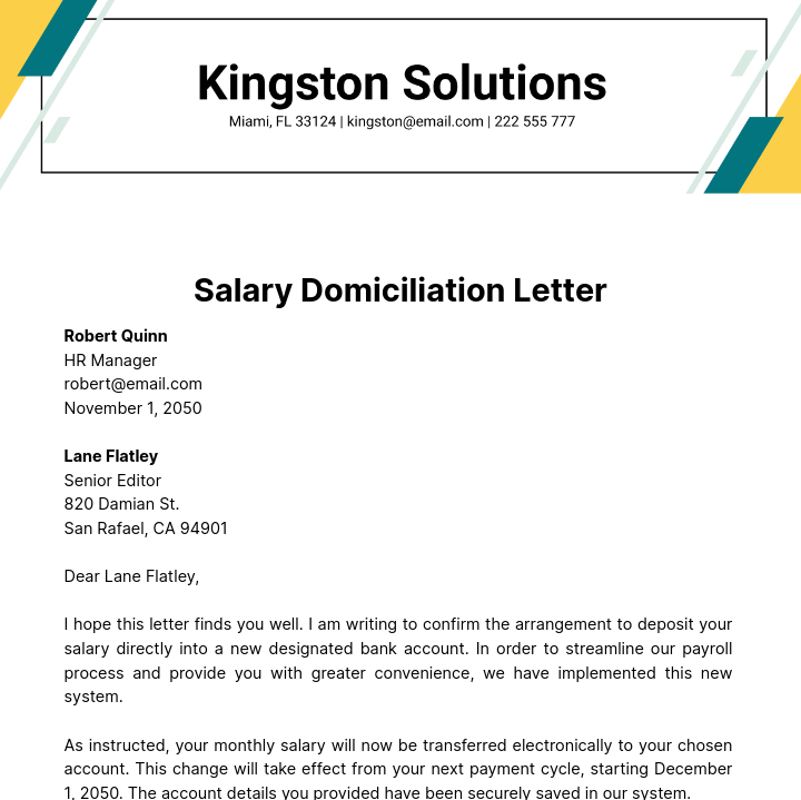 Free Salary Domiciliation Letter   Template