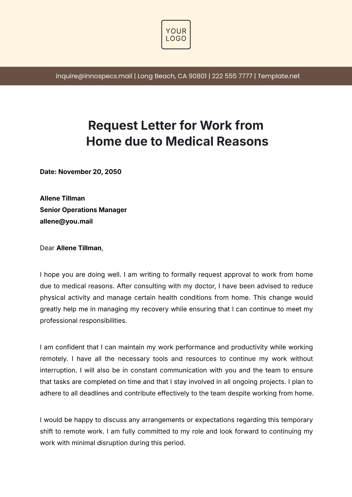 Request Letter for Work from Home Due to Medical Reasons Template - Edit Online & Download