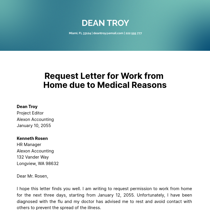 Request Letter for Work from Home Due to Medical Reasons   Template
