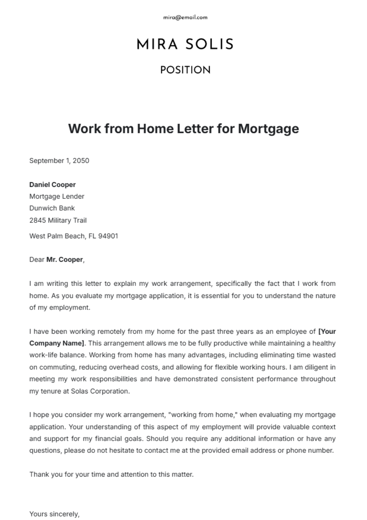 Work from Home Letter for Mortgage Template