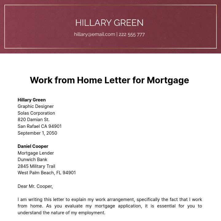 Work from Home Letter for Mortgage   Template