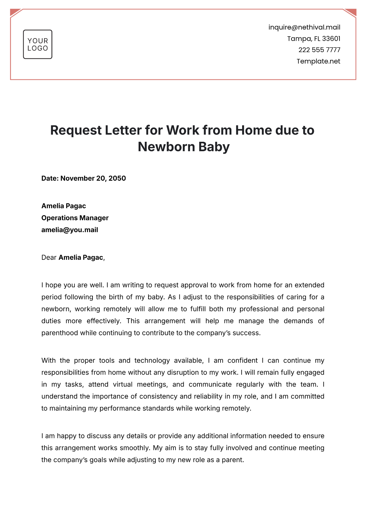 Request Letter for Work from Home Due to New Born Baby Template - Edit Online & Download