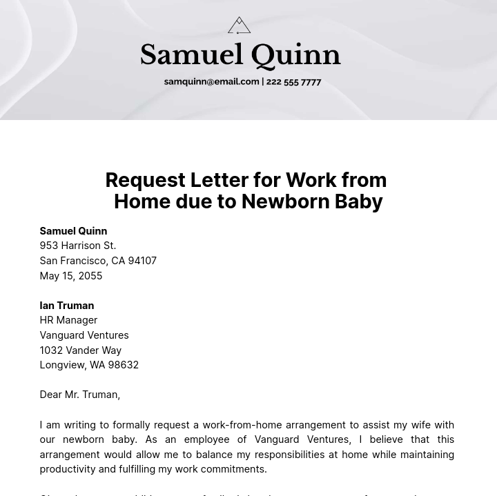 Request Letter for Work from Home Due to New Born Baby  Template