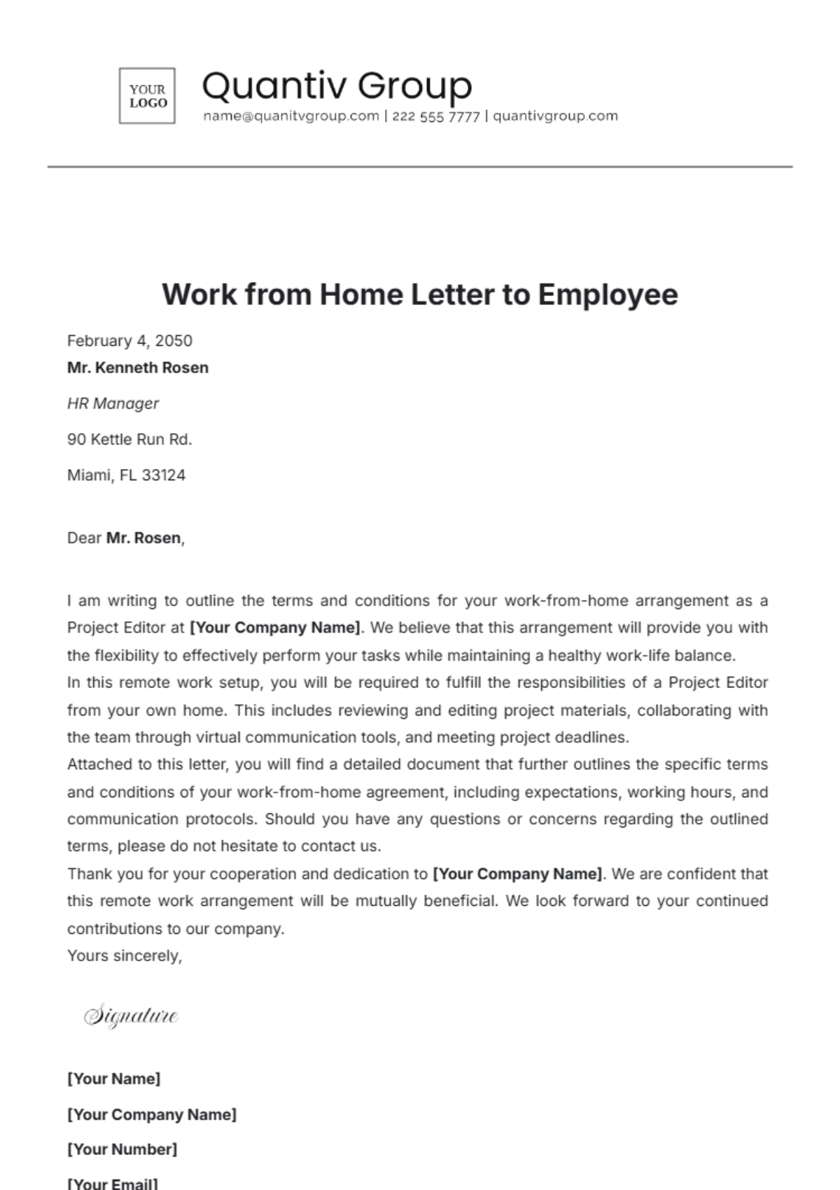 Work from Home Letter to Employee Template