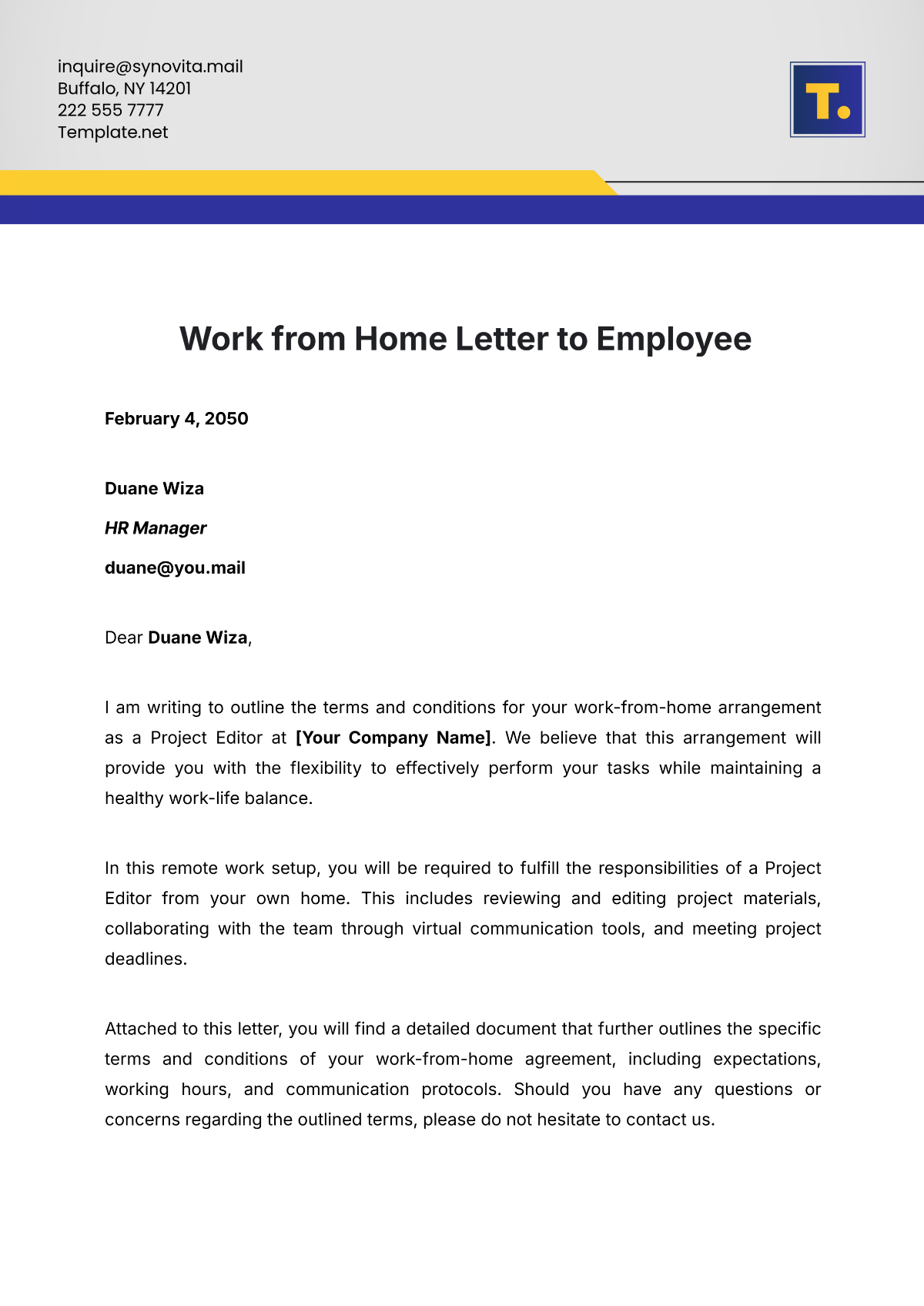 Work from Home Letter to Employee Template - Edit Online & Download