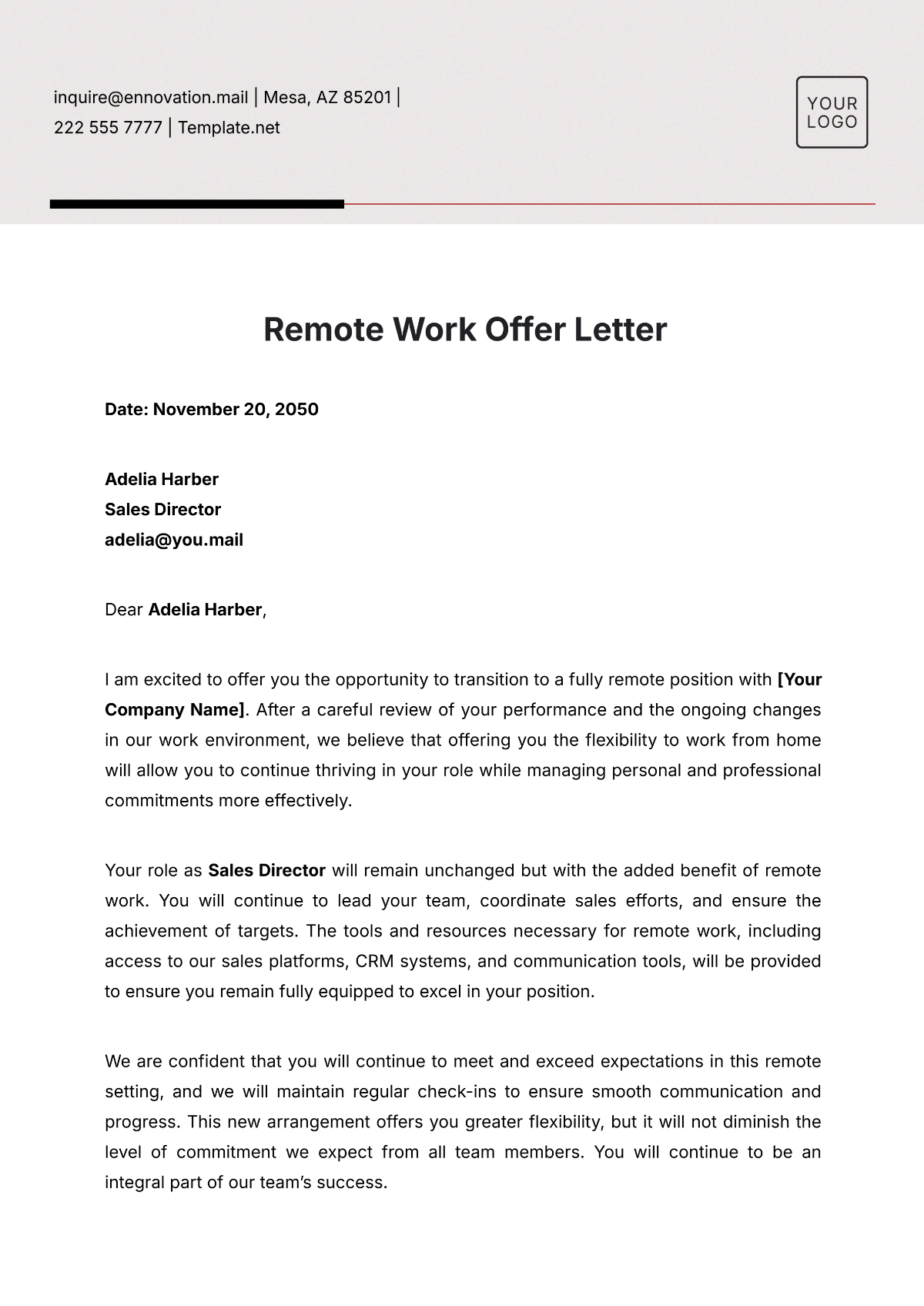 Remote Work Offer Letter Template - Edit Online & Download