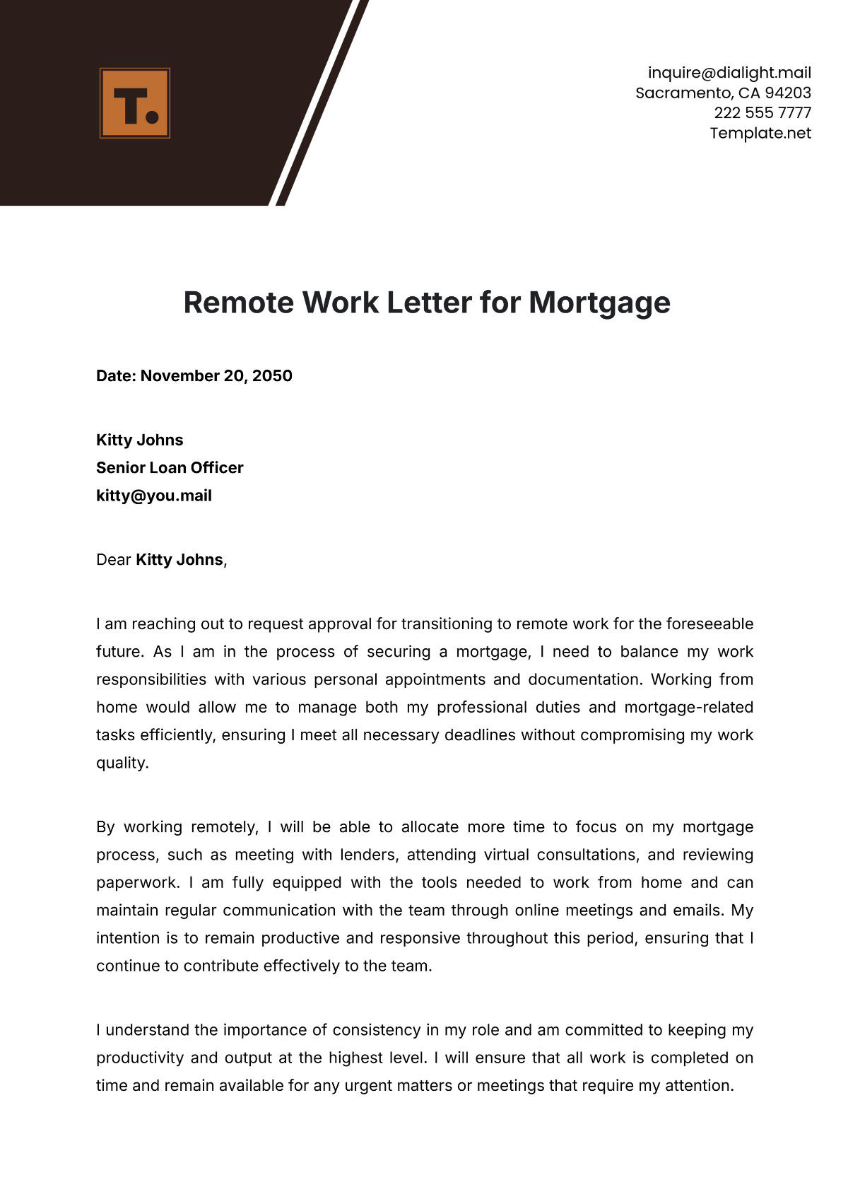 Remote Work Letter for Mortgage Template - Edit Online & Download