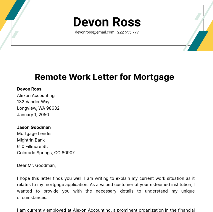 Remote Work Letter for Mortgage   Template