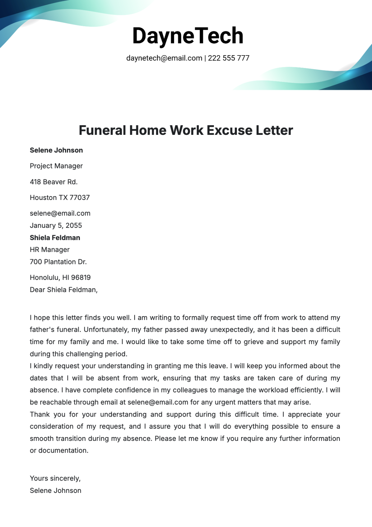 Funeral Home Work Excuse Letter  Template - Edit Online & Download