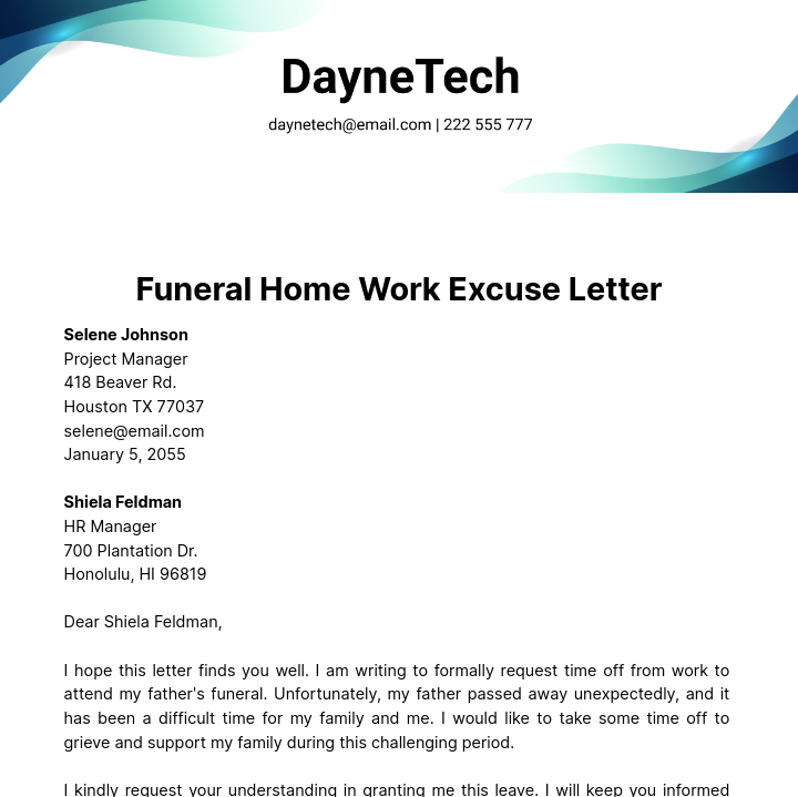 Funeral Home Work Excuse Letter  Template