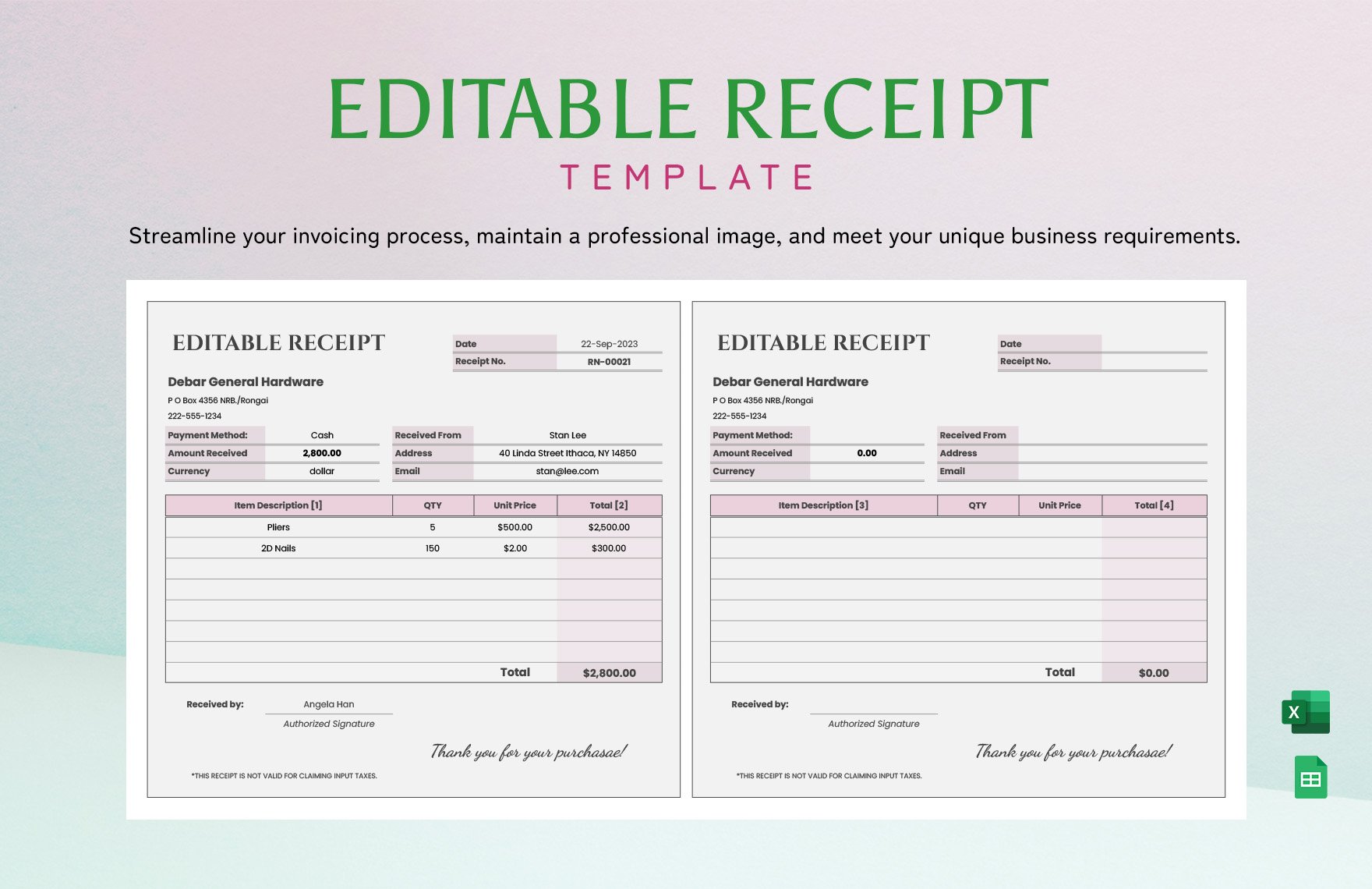 Free Editable Receipt Template in Excel, Google Sheets