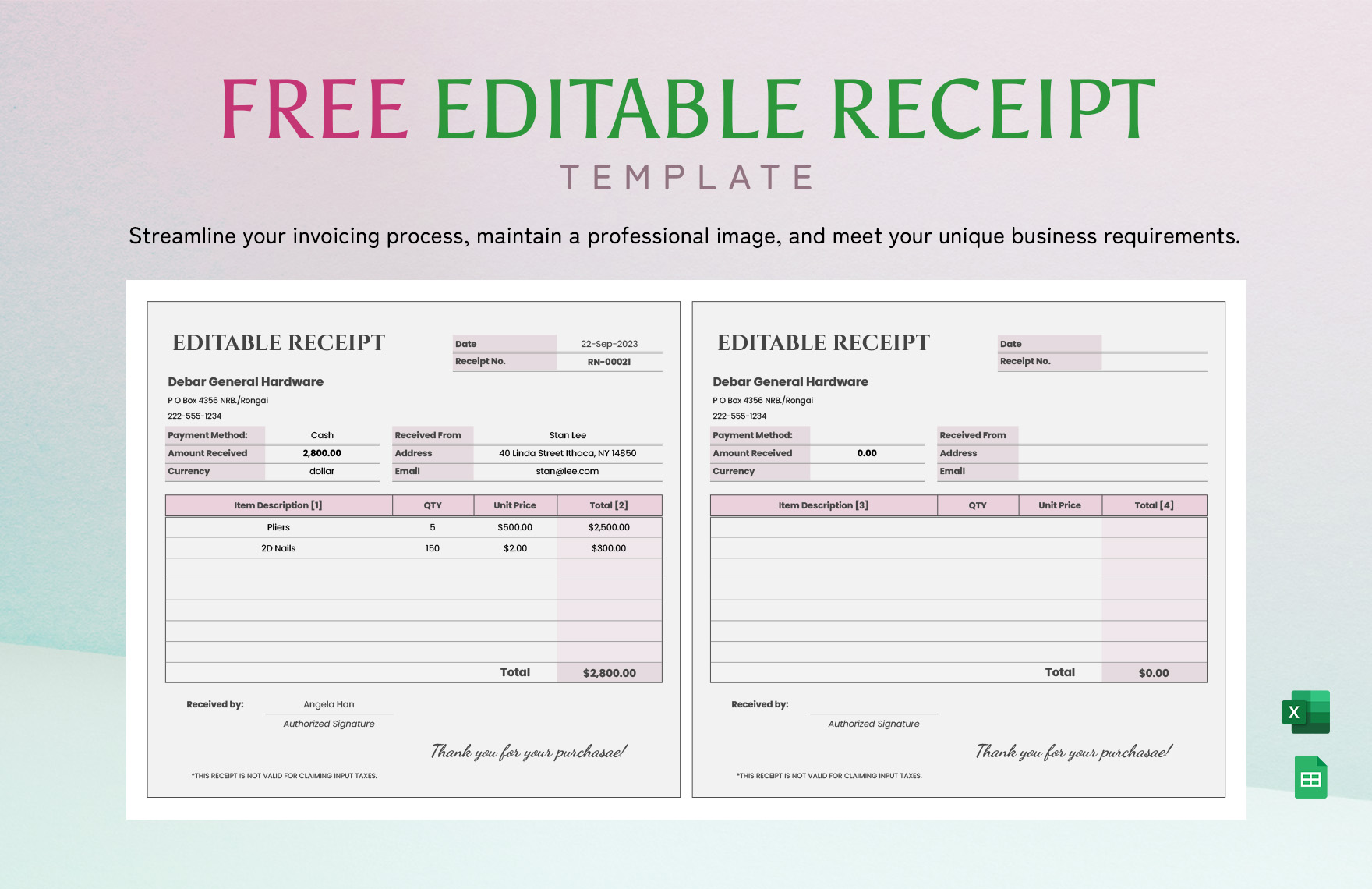 Editable Receipt Template