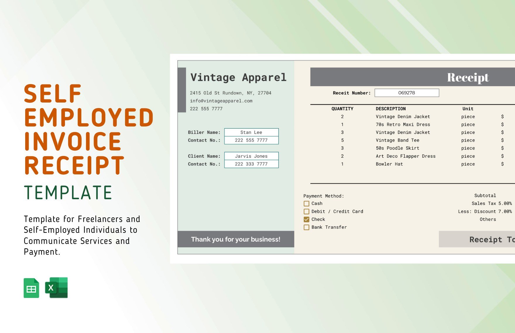 Free Self Employed Invoice Receipt Template in Excel, Google Sheets