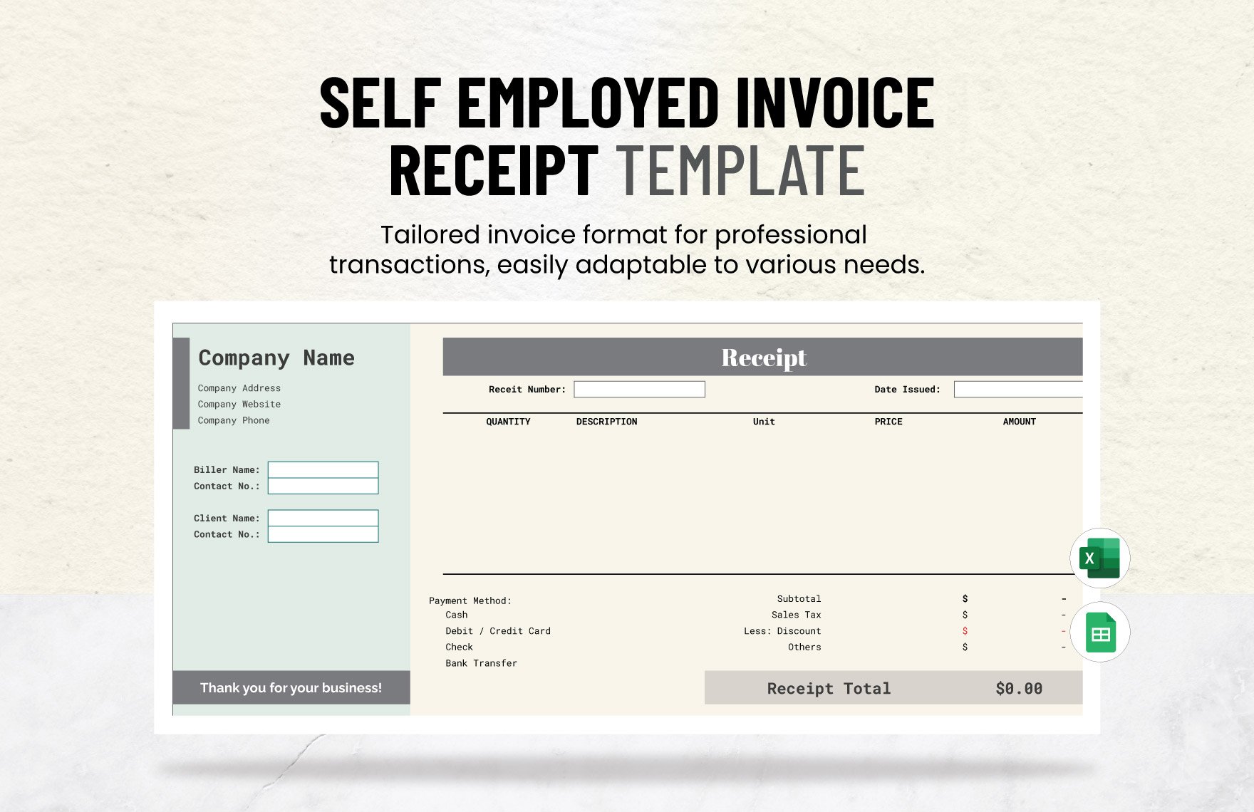 Free Self Employed Invoice Receipt Template in Excel, Google Sheets