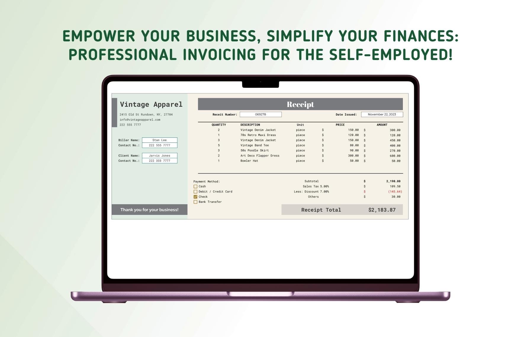 Self Employed Invoice Receipt Template