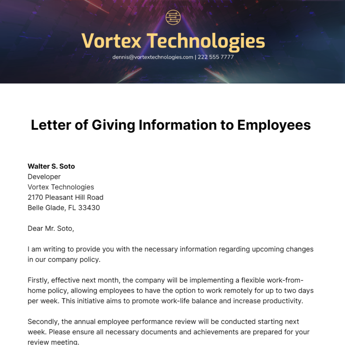 Letter of Giving Information to Employees Template