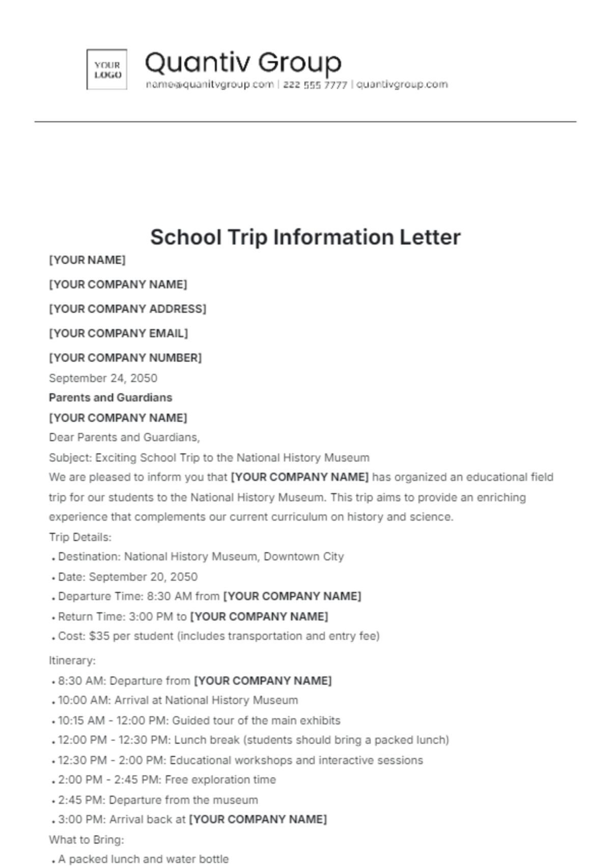 School Trip Information Letter Template - Edit Online & Download