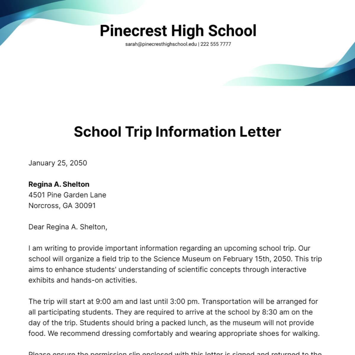School Trip Information Letter Template