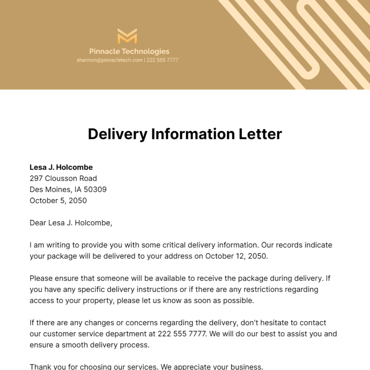 Delivery Information Letter Template