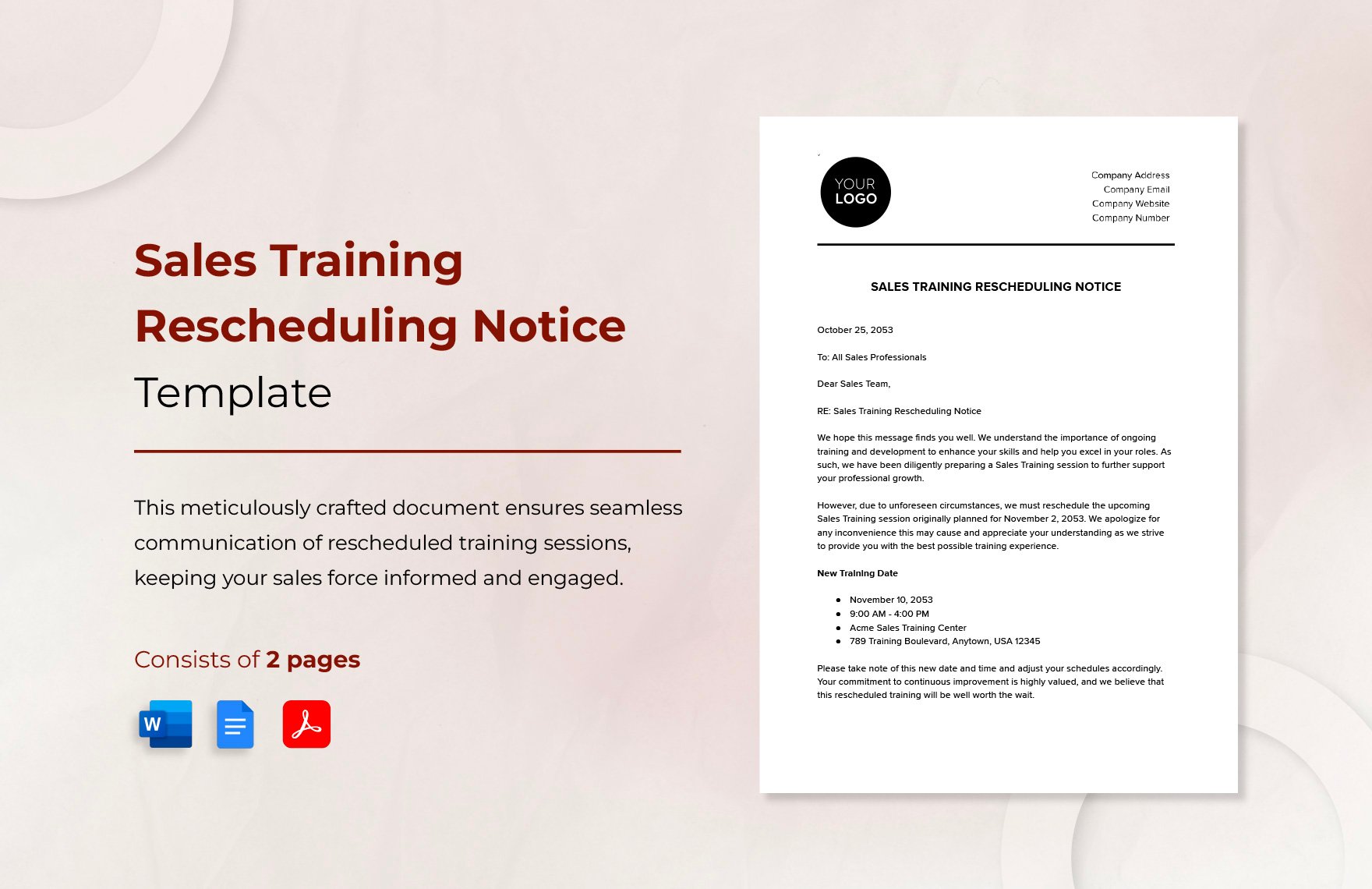 Sales Training Rescheduling Notice Template in Word, Google Docs, PDF
