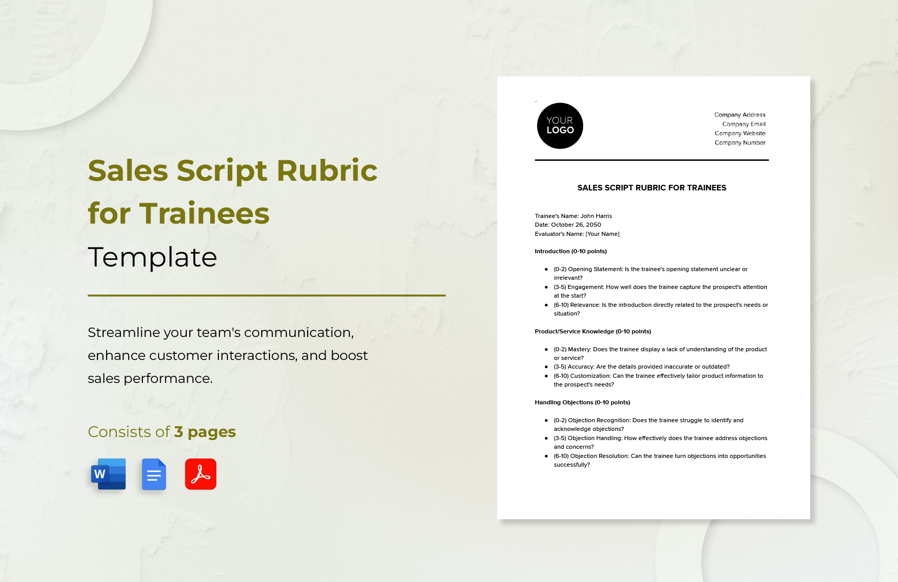 Sales Script Rubric for Trainees Template in Word, Google Docs, PDF