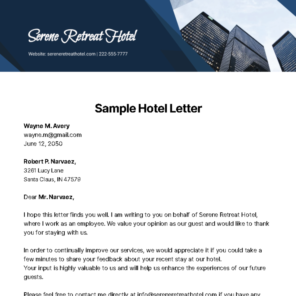 Sample Hotel Letter   Template