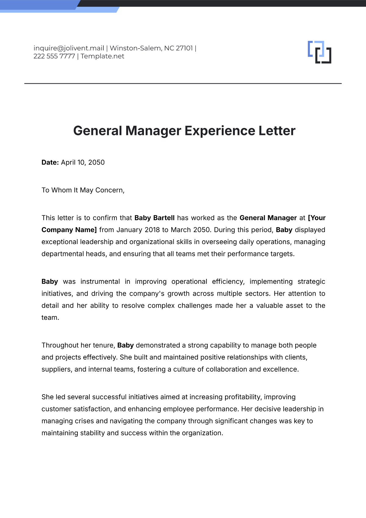 General Manager Experience Letter Template - Edit Online & Download