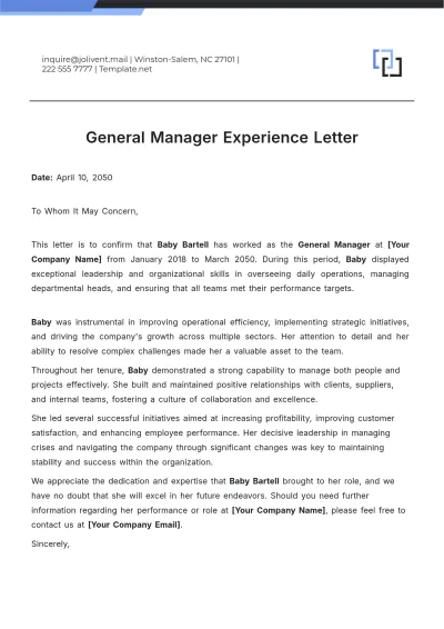 Free General Manager Experience Letter Template to Edit Online