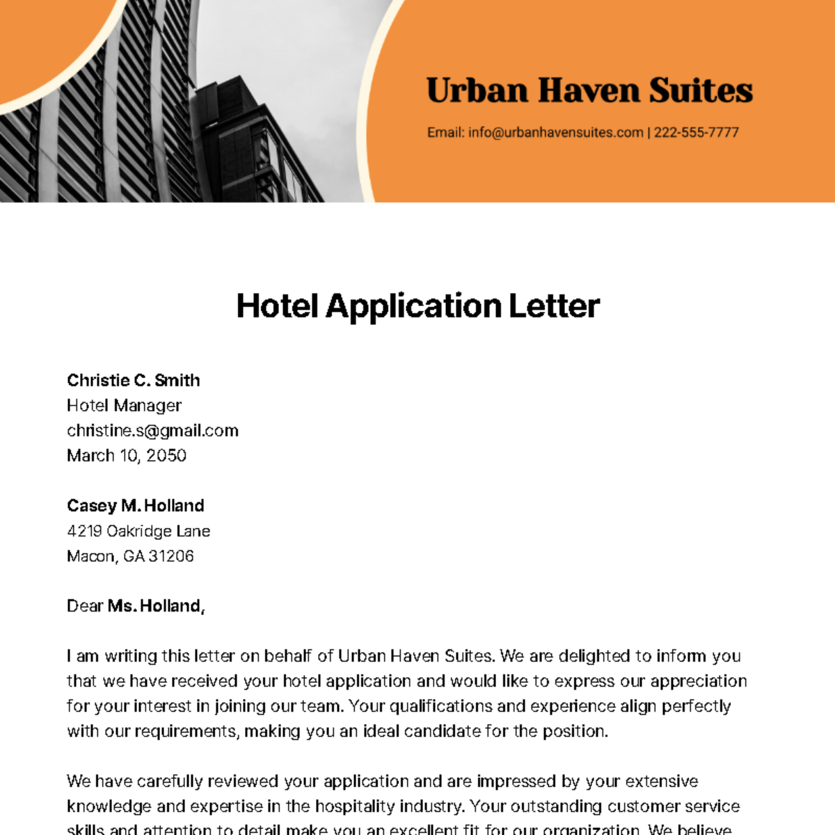 Hotel Application Letter   Template