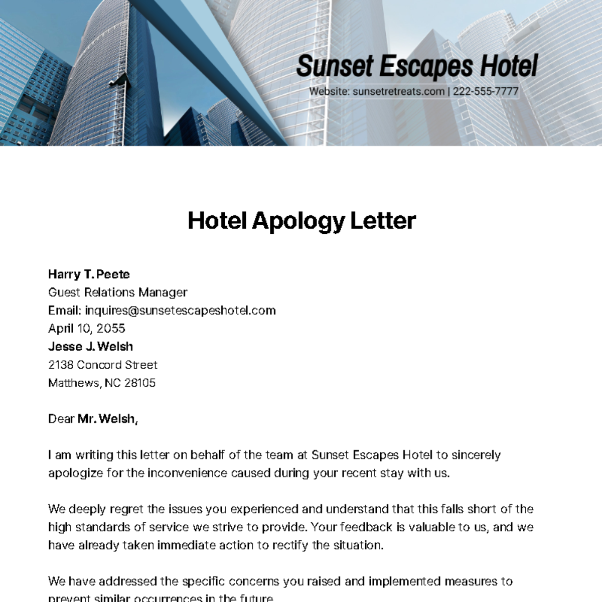Hotel Apology Letter   Template