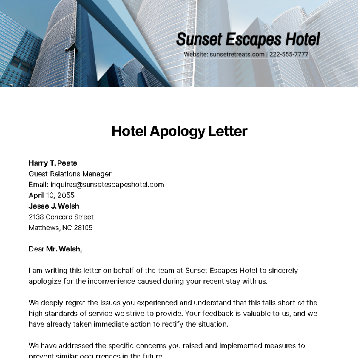 Hotel Apology Letter Template Edit Online Download Example 