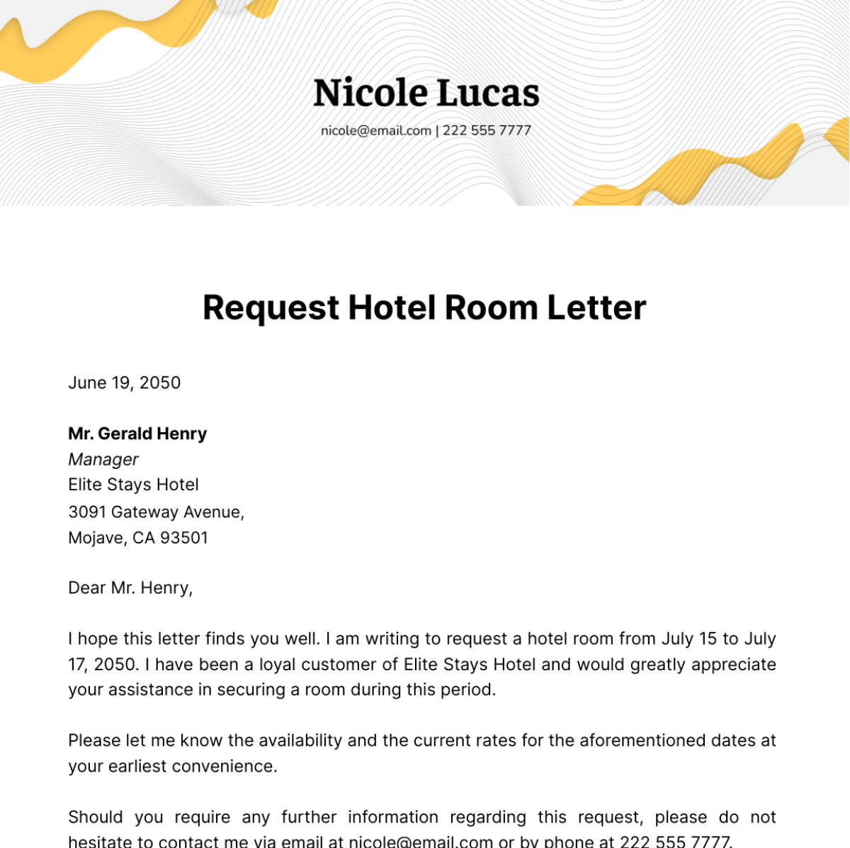 Request Hotel Room Letter   Template