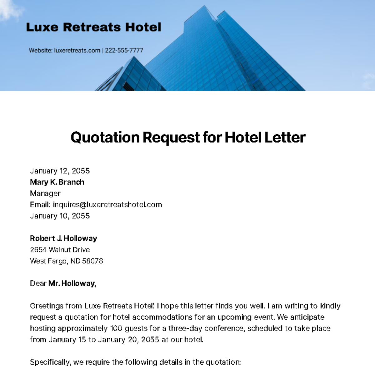 Quotation Request for Hotel Letter   Template