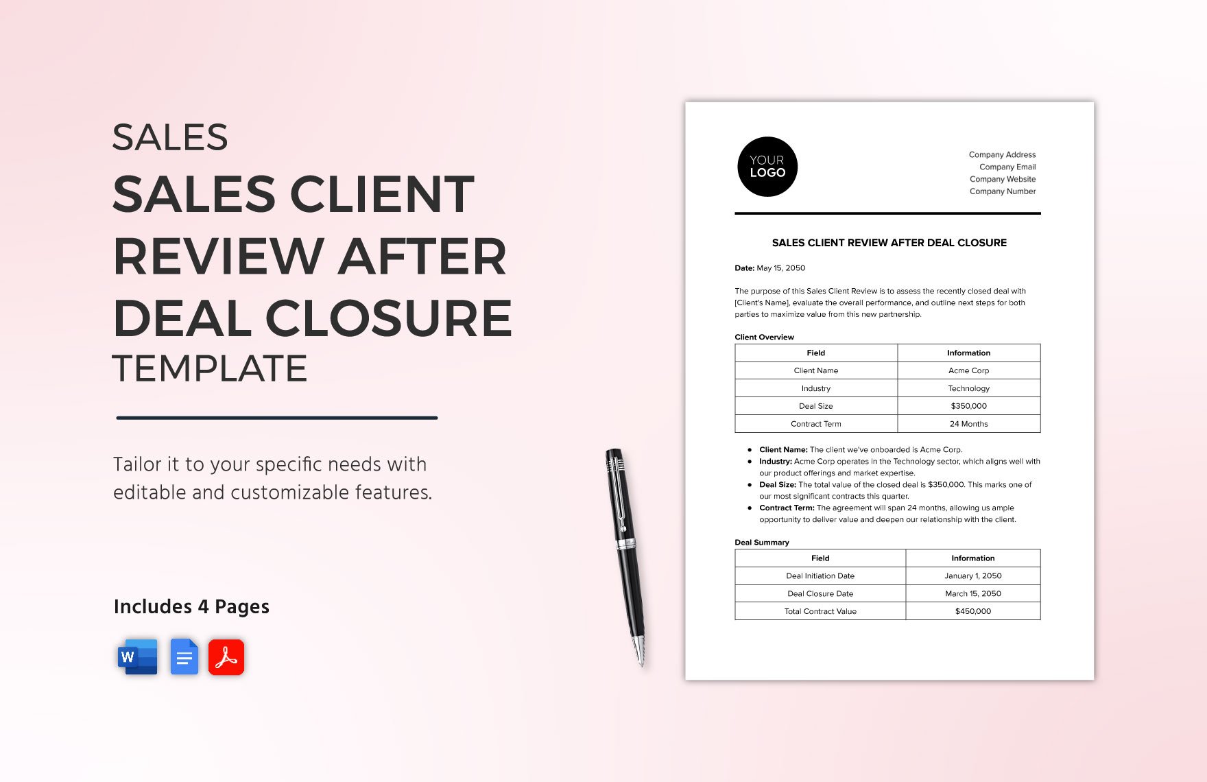 Sales Client Review after Deal Closure Template in Word, Google Docs, PDF