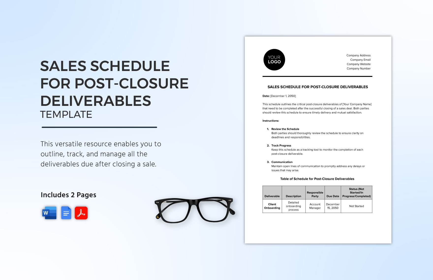 Sales Schedule for Post-Closure Deliverables Template in Word, Google Docs, PDF