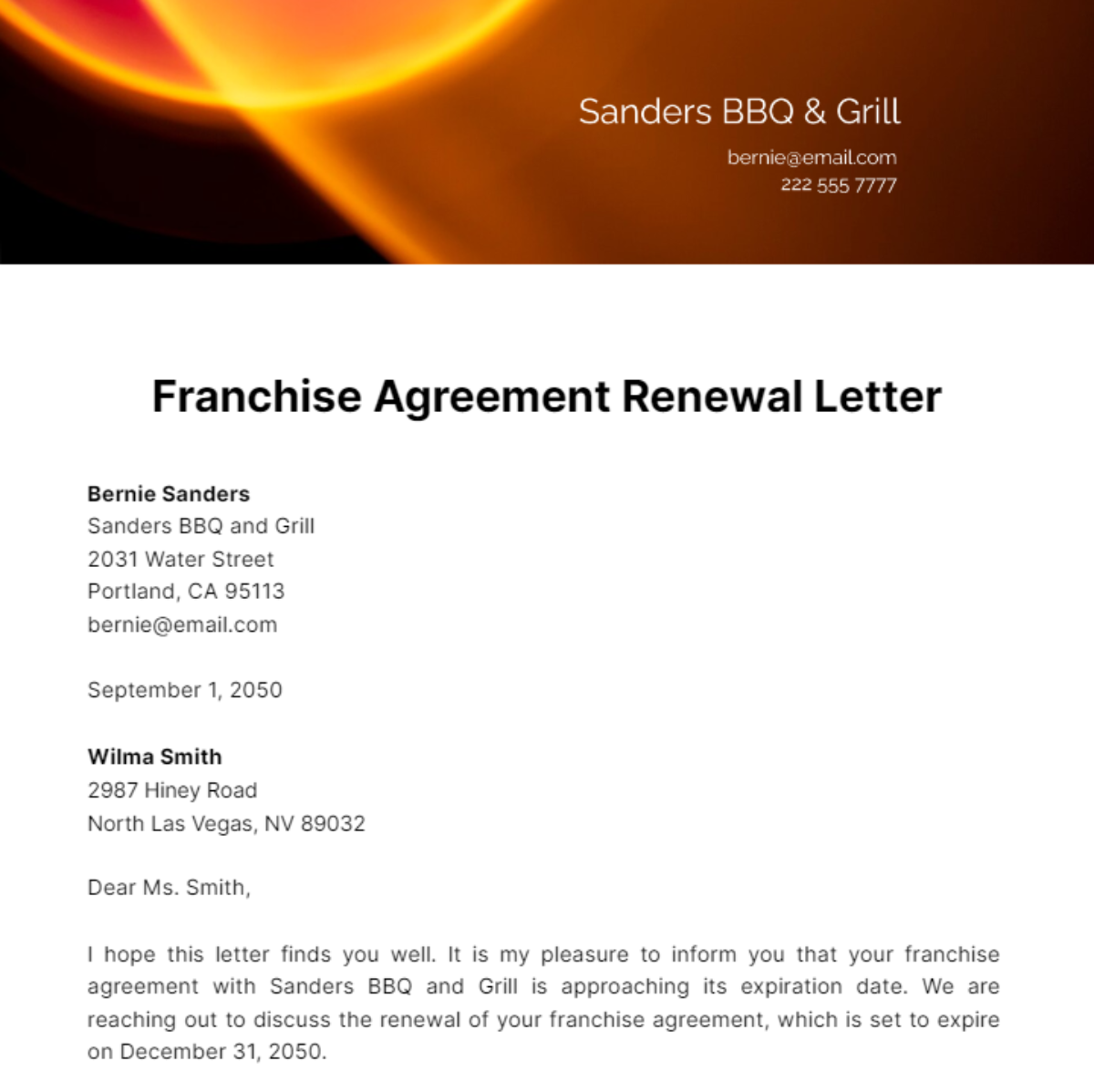 Franchise Agreement Renewal Letter Template