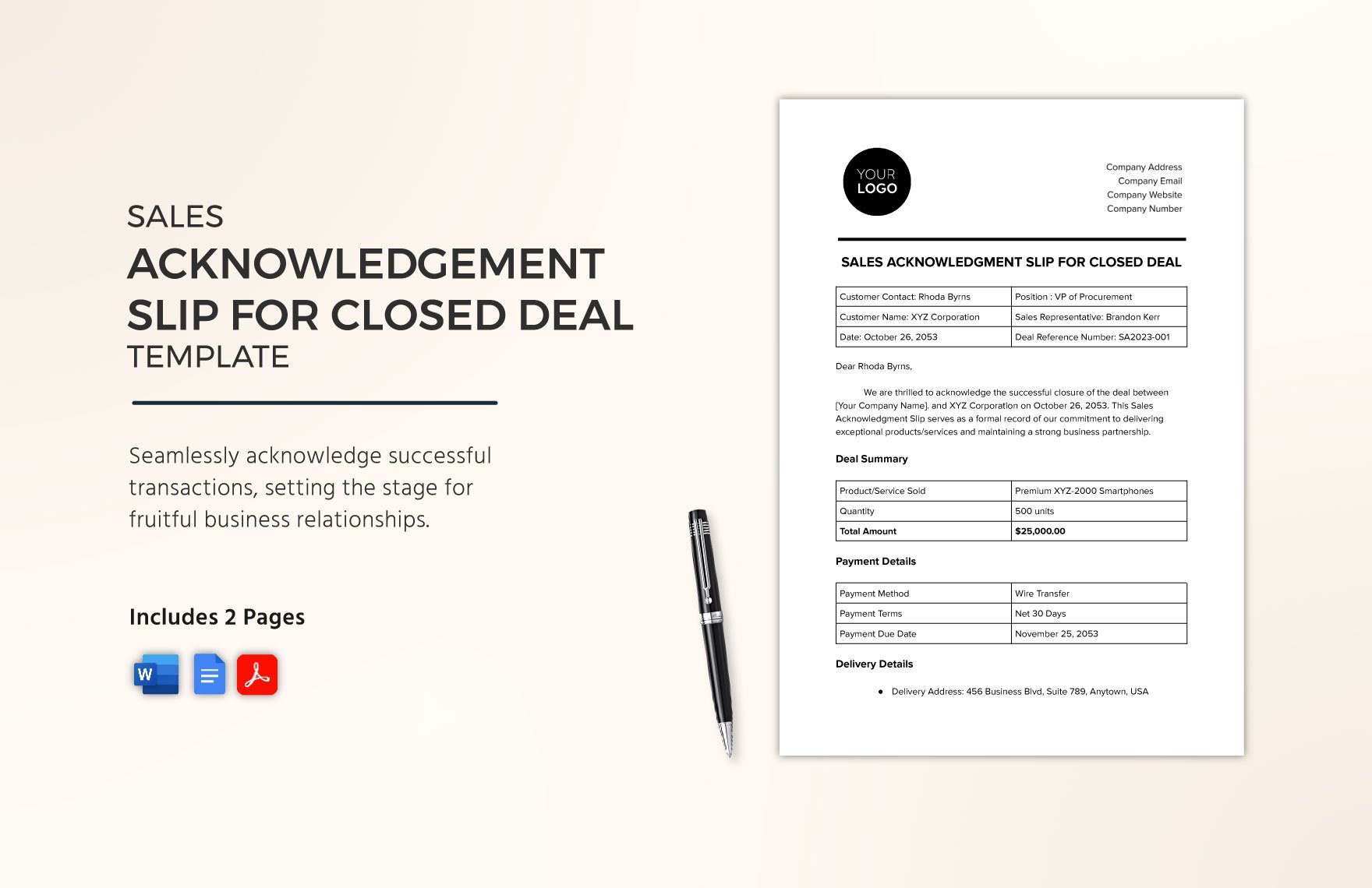 Sales Acknowledgment Slip for Closed Deal Template in Word, Google Docs, PDF