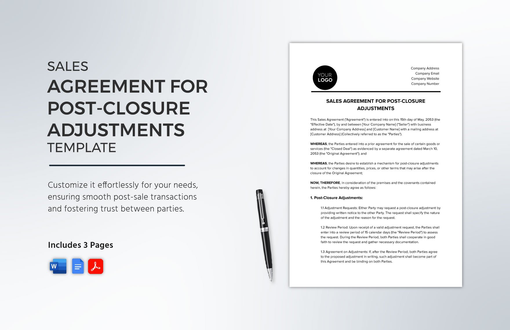 Sales Agreement for Post-Closure Adjustments Template in Word, PDF
