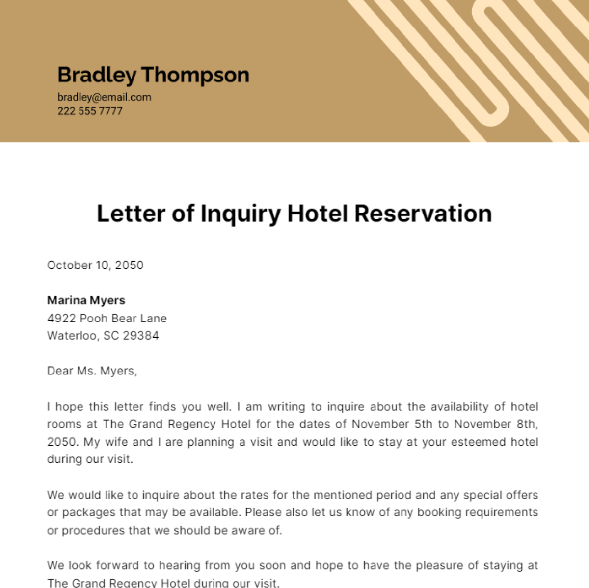 Letter of Inquiry Hotel Reservation Template