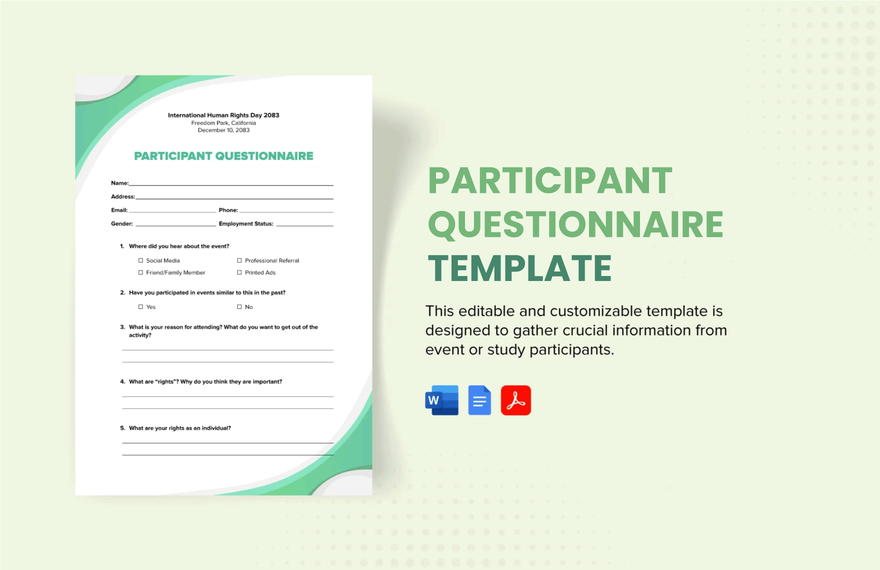 Free Participant Questionnaire Template in Word, Google Docs, PDF