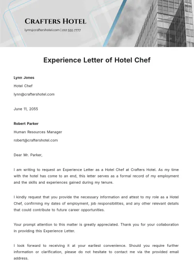 Free Experience Letter of Hotel Chef   Template to Edit Online