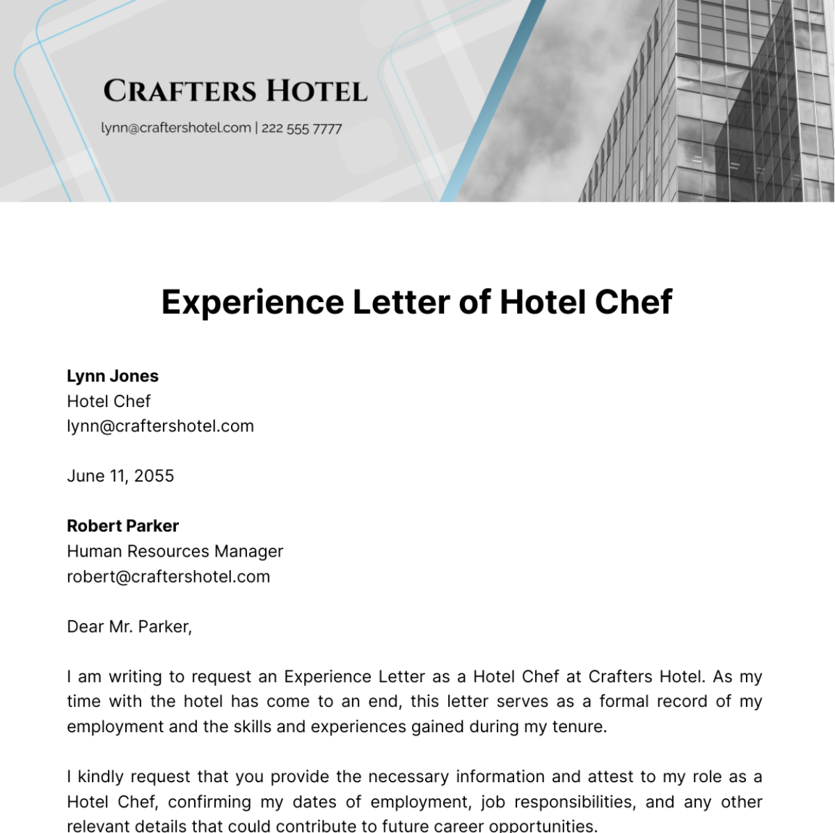 Experience Letter of Hotel Chef   Template