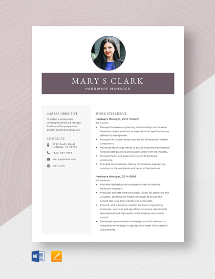 Free Hardware Manager Resume Template - Word, Apple Pages