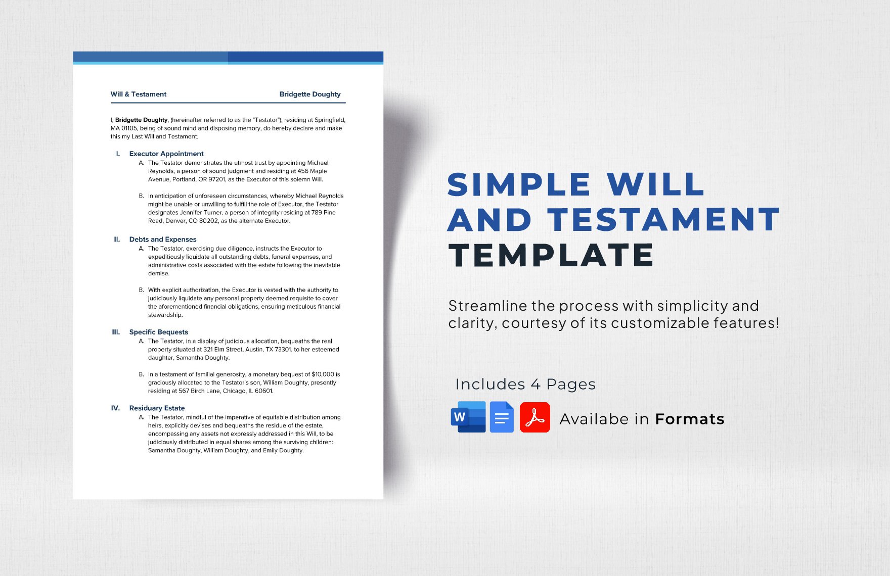 Simple Will and Testament Template