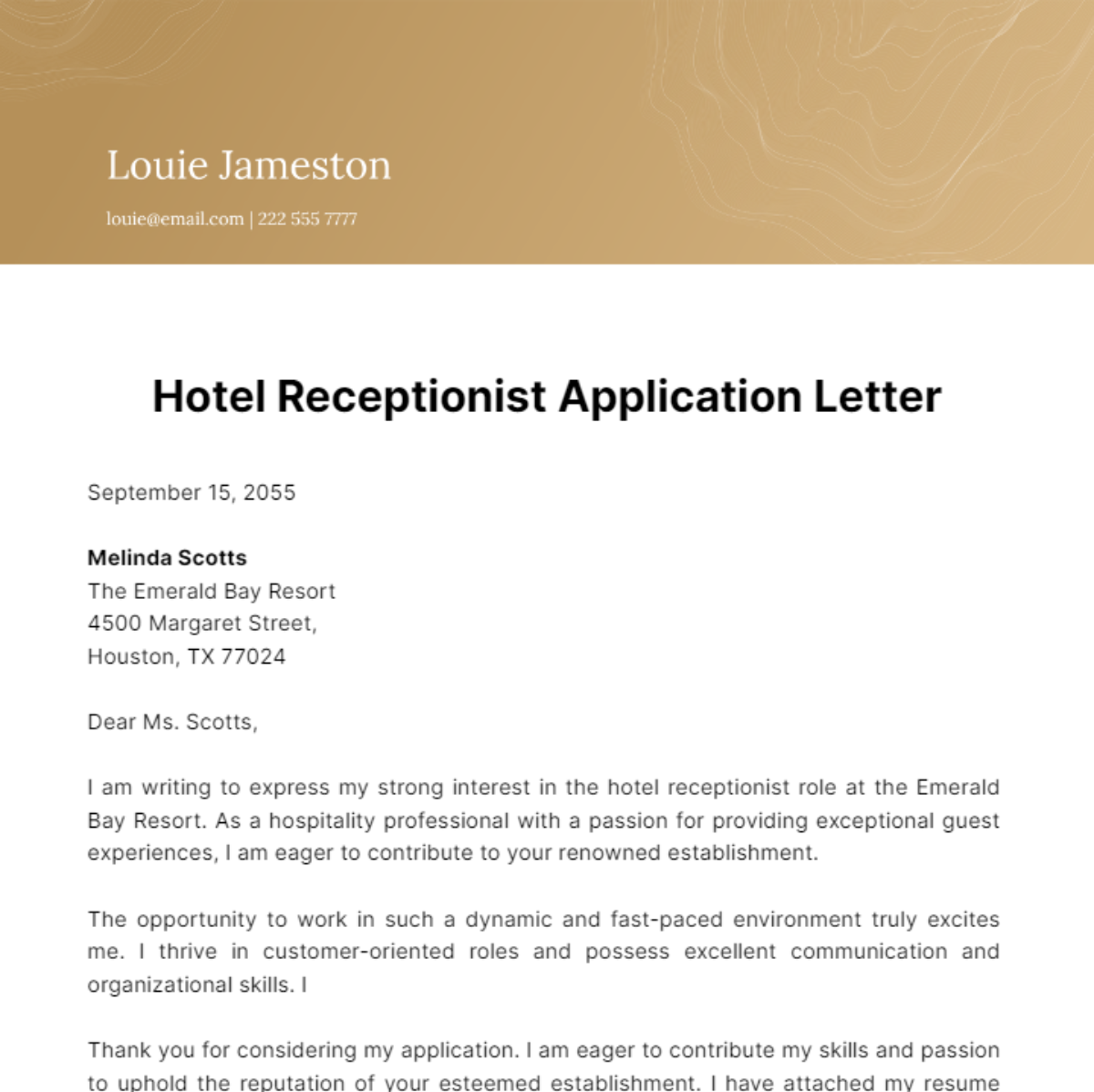 Hotel Receptionist Application Letter Template