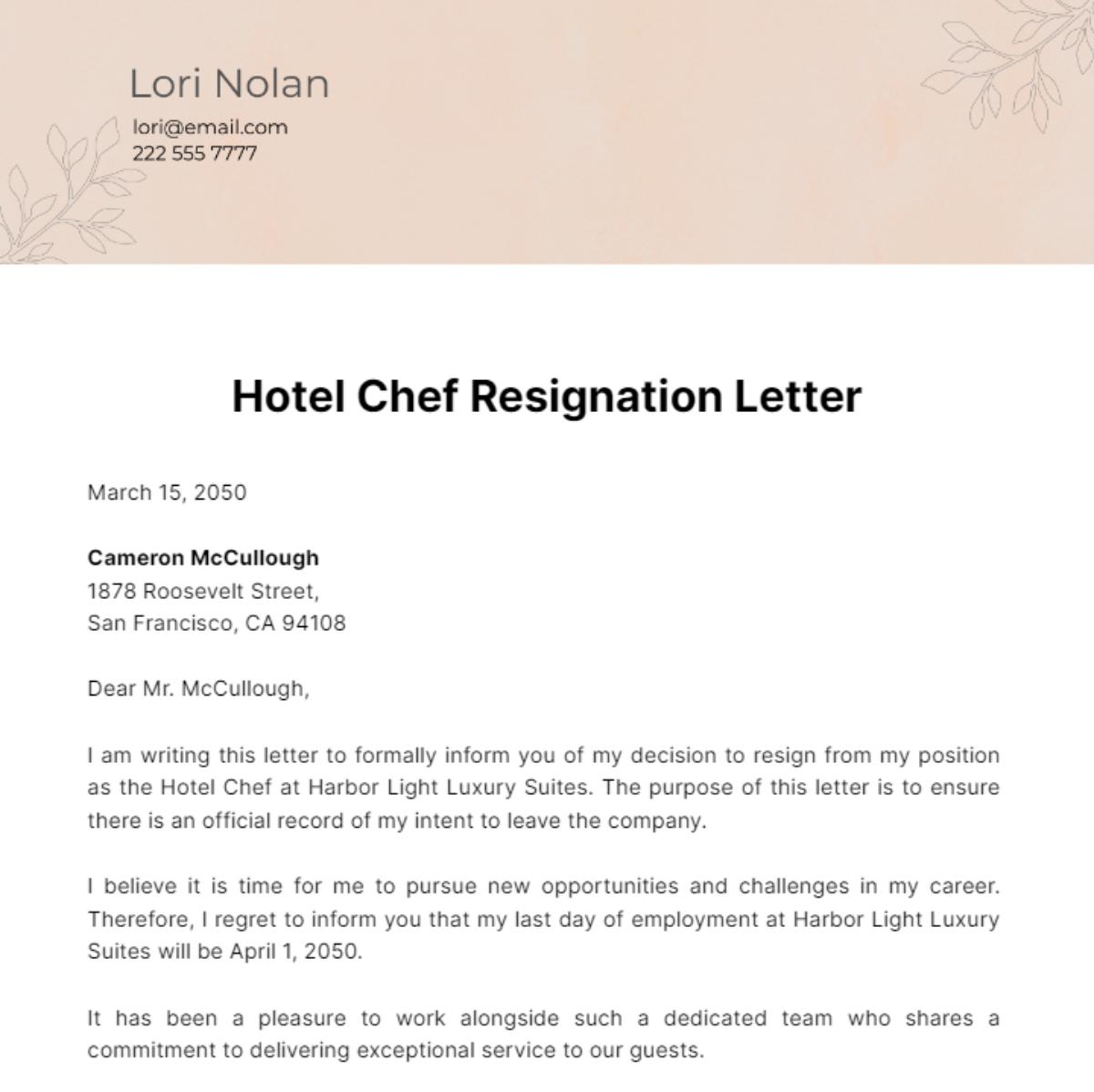 Hotel Chef Resignation Letter Template