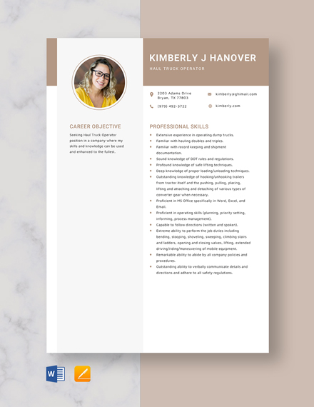 Free Haul Truck Operator Resume Template - Word, Apple Pages